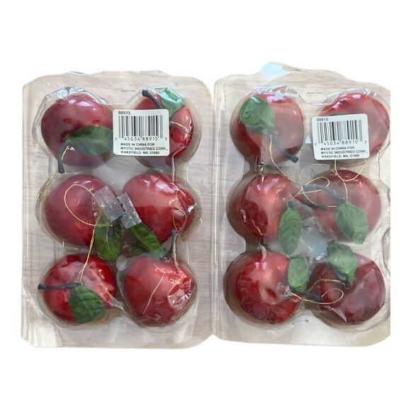 Red Apple Ornaments With Green Stem Leaf And Hanging String 2 Sets Of 6. - Picture 1 of 3